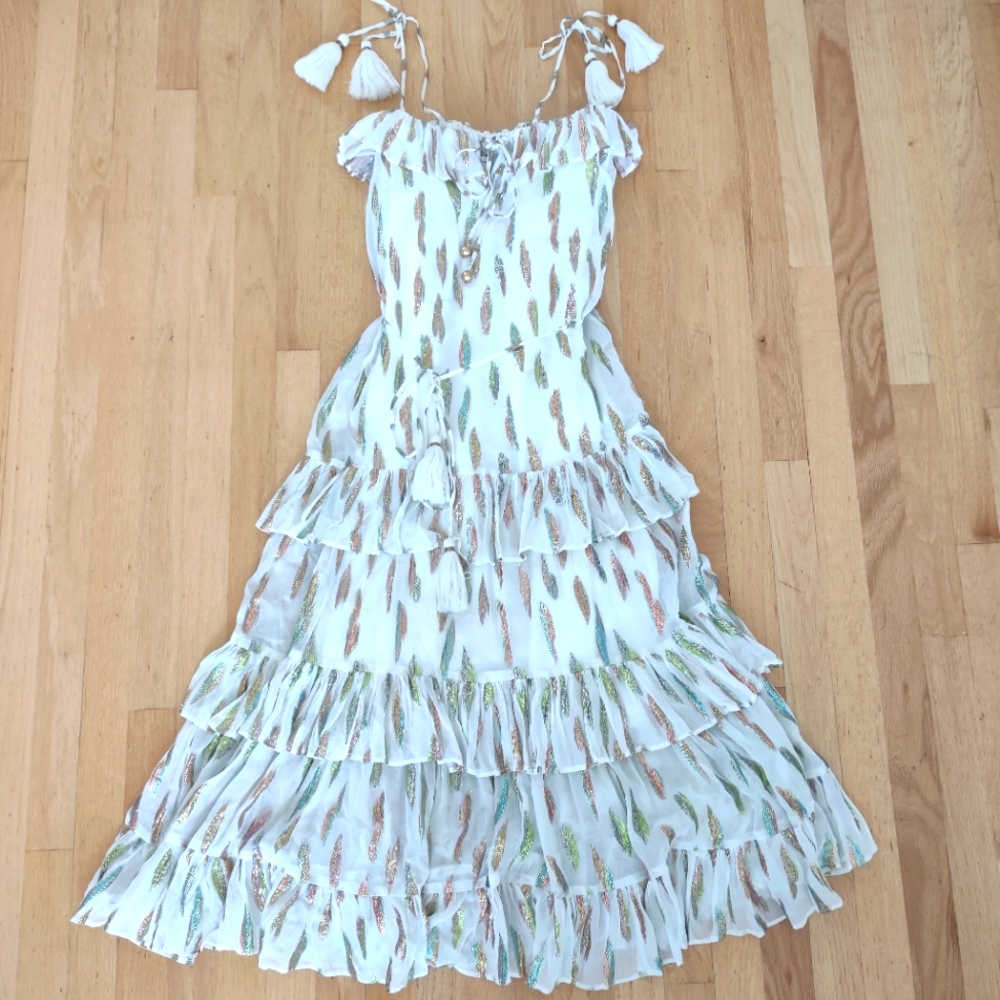 Karina Grimaldi Lori Metallic rainbow ruffle long dress NWT S $330